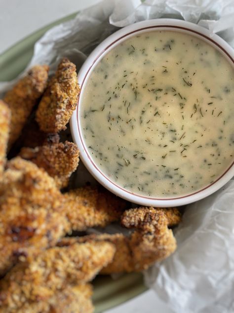 Crispy Baked Chicken Strips with Honey Dill Dip - Honey Dill Sauce, Crispy Chicken Strips, Chicken Strip, Baked Chicken Strips, Dill Chicken, Dill Dip, Crispy Baked Chicken, Creamy Dip, Drying Dill