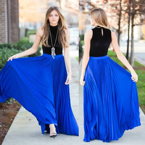 Royal blue pleat maxi skirt #swoonboutique Long Blue Skirt Outfit, Royal Blue Skirt Outfit, Blue Skirt Outfit Ideas, Blue Maxi Skirt Outfit, Blue Skirt Outfit, Blue Skirt Outfits, Royal Blue Skirt, Long Blue Skirts, Royal Blue Skirts