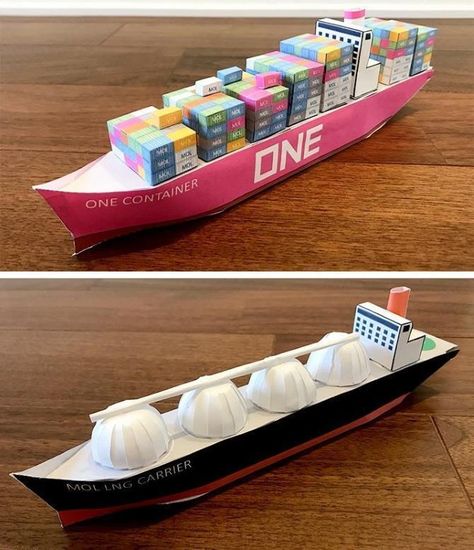 PAPERMAU: Easy-To-Build Cargo Ship Papercrafts For Kids - by Mitsui O.S.K. Lines Ship Papercraft, Ship Model Diy, Lng Carrier, Fleet Of Ships, Airplane Crafts, Ship Craft, Cargo Ship, Origami Box, Cargo Shipping