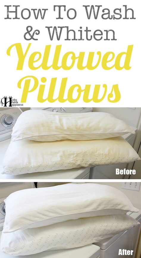 Herbs Health & Happiness How To Wash And Whiten Yellowed Pillows - Herbs Health & Happiness Washing Pillows, Wash Pillows, Homemade Cleaning, Genius Ideas, Yellow Pillows, Household Cleaning Tips, Diy Cleaners, Cleaning Recipes, Going Green