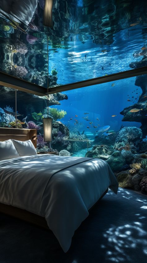 Have a good rest in this underwater bedroom. This is an AI artwork made with Midjourney. Underwater Bedroom, Underwater Room, Sea Corals, Royal Bedroom Design, Underwater Hotel, Aquarium Architecture, Dream Fairy, Pinterest Predicts, Underwater House