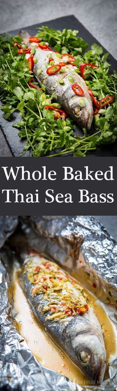 Whole Baked Thai Sea Bass - {NEW RECIPE} A Thai flair on the most renowned delectable sea bass bursting with rich punchy individual flavours that combine into a magnum opus of seafood delicacy. Whole Fish Recipes Baked, Whole Sea Bass Recipes, Bass Recipes, Baked Whole Fish, Braised Fish, Baked Sea Bass, Whole Fish Recipes, Sea Bass Recipes, Bbq Seafood