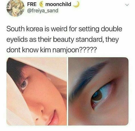 That is literally my thought process every time I hear about the whole “double eyelid” thing. Dragon Eyes, Double Eyelid, Bts Memes Hilarious, Bts Tweet, Beauty Standards, Thought Process, About Bts, Kpop Idols, All Music