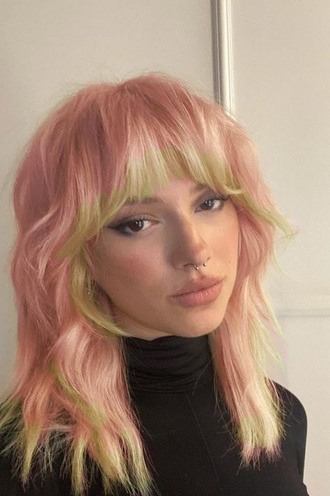 Gen Z Hairstyles Short, Pink Shag Haircut, Pixie With Extensions, Mia Maples Short Hair, Colorful Wolfcut, Light Pink Hair With Bangs, Quadrant Hair Color, Color Block Hair Pink, Pink Hair Blonde Money Piece