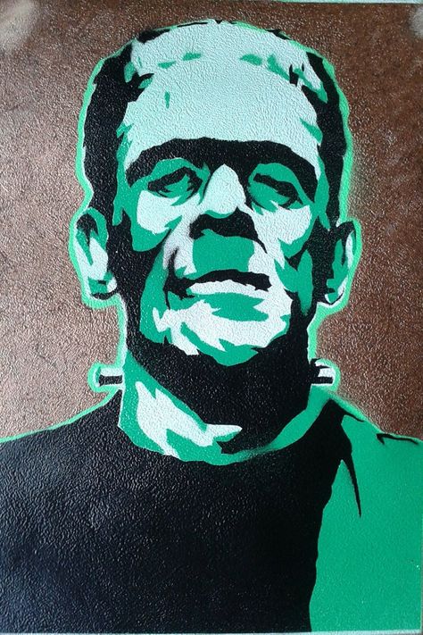 Boris Karloff Frankenstein spray paint art www.weaponofchoiceart.etsy.com Frankenstein Painting Easy, Frankenstein Painting, Frankenstein Drawing, Frankenstein Pictures, Boris Karloff Frankenstein, Horror Core, Frankenstein Art, Chalk Ideas, Horror Drawing