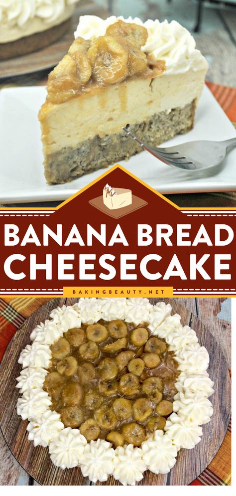 Banana Bread Cheesecake, homemade cheesecake recipes, simple dessert recipes Banana Bread Cheesecake Recipe, Banana Mini Cheesecakes, Cheesecake Banana Bread Recipe, Banana Bread Bottom Cheesecake, Cheesecake Banana Bread, Banana Bread Cheesecake, Banana Cheesecake Recipe, Banana Cheesecake Bread, Banana Cheesecake