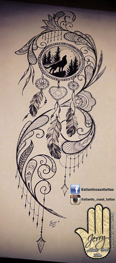 Beautiful tattoo idea design for a thigh, dream catcher tattoo, wolf tattoo ideas. By dzeraldas jerry kudrevicius from Atlantic Coast tattoo. Pretty detail mandala style, lace tattoo design Lace Tattoo Design, Dream Catcher Tattoo Design, Tattoo Trend, Dream Catcher Tattoo, Inspiration Tattoos, Geniale Tattoos, Initial Tattoo, Lace Tattoo, Wolf Tattoos