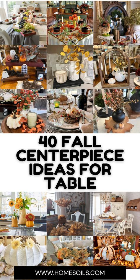 Explore 40 fall centerpiece ideas for your table, including elegant pumpkin arrangements, cozy candle displays, and vibrant autumnal florals. These designs add warmth and seasonal charm to your dining space. Get inspired to create the perfect fall table setting! Fall Centerpiece For Dining Table, Fall Centre Piece Ideas Diy, Fall Centerpieces For Dining Table, Simple Fall Centerpieces For Table, Fall Dining Table Centerpiece, Fall Church Decorations, Fall Table Decorations Centerpieces, Fall Kitchen Table Decor, Fall Dining Room Table Decor