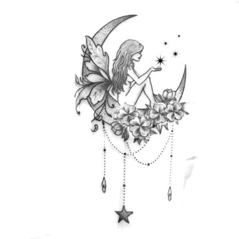 Fairy Flower Tattoos For Women, Fairytale Inspired Tattoos, Fairy In Moon Tattoo, Self Love Fairy Tattoo, Moon With Fairy Tattoo, Moon Fairy Tattoo Designs, Fairy On The Moon Tattoo, Beautiful Fairy Tattoo, Fairy On A Moon Tattoo