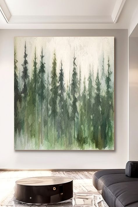 Original handmade forest landscape painting with misty green pine trees on canvas, creating a serene atmosphere Abstract Art Forest, Abstract Forest Painting, Forest Landscape Painting, Abstract Forest, Earthy Green, Green Palette, Forest Painting, Textured Canvas Art, Handmade Wall Art