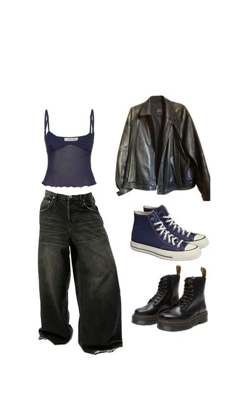 rockstar girlfriend aesthetic, dark blue, leather jacket Blue Rockstar Outfit, Aesthetic Rockstar Girlfriend Outfits, Rockstar Outfits Aesthetic, Ways To Style Leather Jacket, Revenge Era Outfit, Winter Outfits With Leather Jackets, Dark Downtown Girl Aesthetic, Dark Feminine Outfit Ideas For School, Greasers Outfit