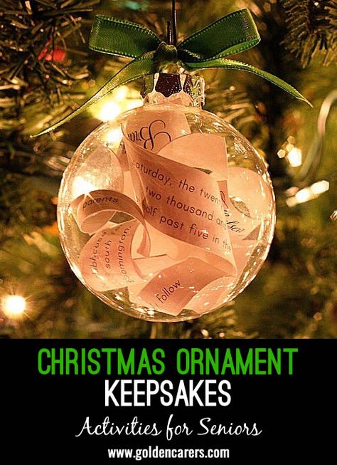 Christmas Ornament Keepsakes: It’s been quite the year, hasn’t it?! One way to invite residents to write about the good things as well as to create a thoughtful gift for family members is to try out this craft. Ideas For Relationships, Craft Ideas For Seniors, Clear Plastic Ornaments, Magnetic Fishing Game, Alzheimers Activities, Nursing Home Activities, December Activities, Activities For Seniors, Elderly Activities