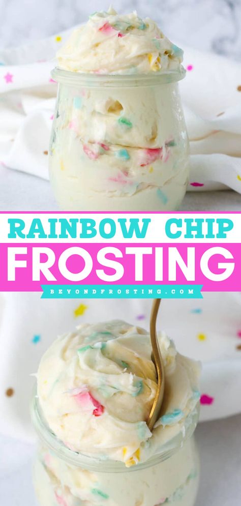 A Rainbow Chip Frosting from scratch! This yummy dessert recipe is a Betty Crocker copycat. Loaded with bright homemade rainbow chips, this birthday cake frosting is the perfect sweet to make for your next celebration! Funfetti Frosting Homemade, Rainbow Chip Cake, How To Do Rainbow Frosting, Rainbow Chip Frosting Ideas, Rainbow Chip Cupcakes, Rainbow Chip Cake Pops, Party Rainbow Chip Cake Mix Cookies, Rainbow Chip Frosting, Rainbow Sugar Cookies