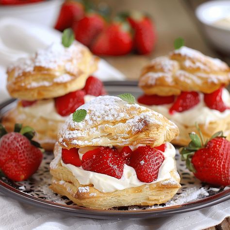 How to Make Delicious Strawberries & Cream Pastry Puffs Strawberry Cream Pastry, Strawberry Puff Pastry Recipes, Strawberry Cream Puff Pastry, Strawberry Cream Puff, Cream Filled Puff Pastry, Strawberry Puff Pastry, Strawberry Cream Puffs, Puff Dessert, Strawberry Recipe