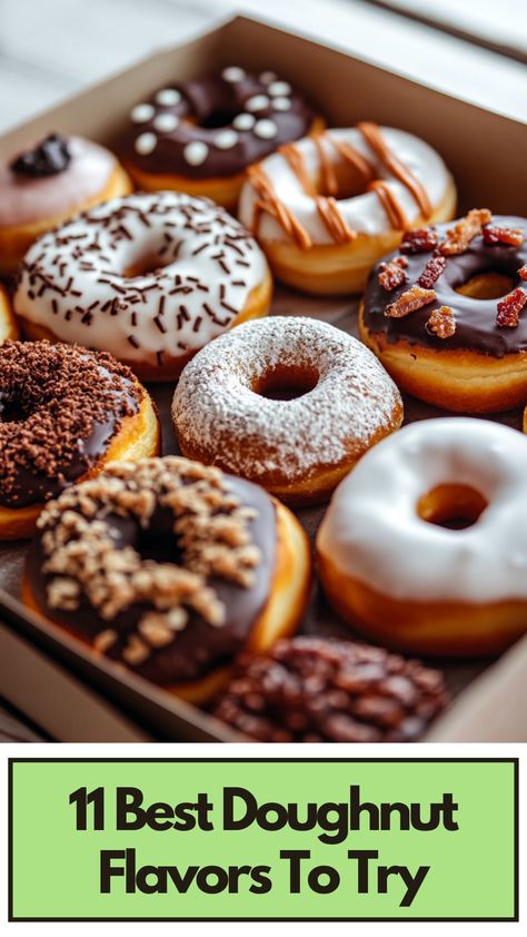 A box of assorted doughnuts featuring a variety of flavors including chocolate, glazed, and maple bacon, perfect for indulging in a sweet treat. Doughnut Flavors, Doughnut Ideas, Donut Toppings, Donut Flavors, Maple Glaze, Maple Bacon, Morning Tea, Tasty Treats, Explore The World