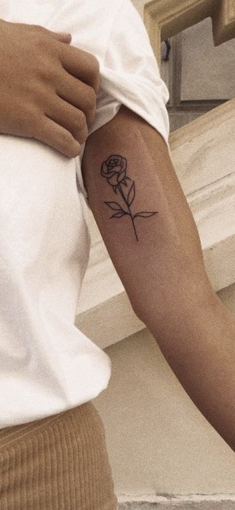 Minimal Bicep Tattoo, Small Men Arm Tattoos, Men’s Arm Tattoos Simple, Simple Bicep Tattoo Men, Small Arm Tats Men, Rose Bicep Tattoo Men, Rose Tattoo Men Bicep, Mens Small Arm Tattoo Ideas, Man Arm Tattoo Ideas Simple