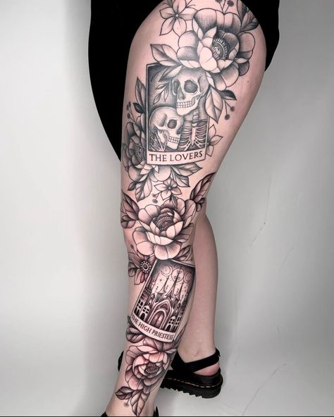 Tarot Card Tattoo Sleeve, 27 Tattoo, Tarot Tattoo, Tarot Card Tattoo, Full Leg Tattoos, Wicked Tattoos, Tattoos For Lovers, Skeleton Hand Tattoo, Leg Tattoos Women