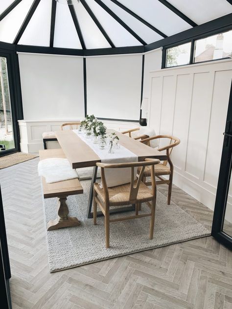 CONSERVATORY MAKEOVER - INCLUDING DIY PANELLING - The Hoppy Home Conservatory Ideas Interior, Conservatory Makeover, Diy Panelling, Conservatory Interiors, Dining Room Conservatory, Conservatory Flooring, Panelling Ideas, Conservatory Extension, Conservatory Interior