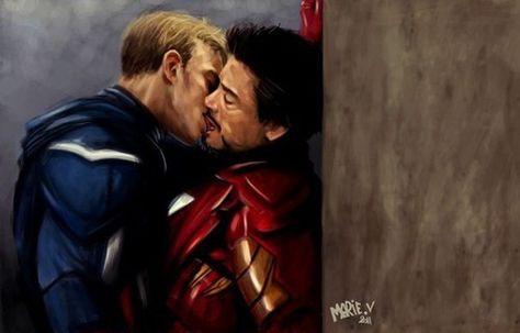 Cap X Ironman art work Two Men, Steve Rogers, Tony Stark, Kiss, Wall