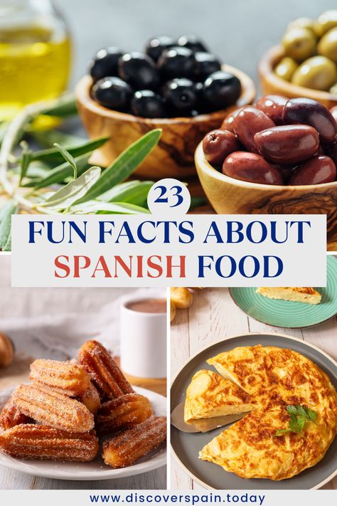 3 images with spanish food items, olives, churros and tortilla de patatas Spanish Food Spain, International Food Day, Food In Spain, Traditional Spanish Dishes, Spanish Foods, Spain Food, Spanish Cuisine, Spanish Tapas, Spanish Dishes