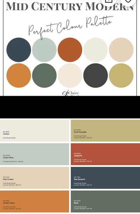 Mcm Earth Tones, Mid Century Modern Wall Colors Living Rooms, Mid Century Modern Colour Scheme, 60s Paint Colors, Mid Century Modern Paint Colors Interior, Mid Century Modern Bathroom Paint Colors, Mid Century Green Paint, Mcm Wall Colors, Mcm Colour Palette