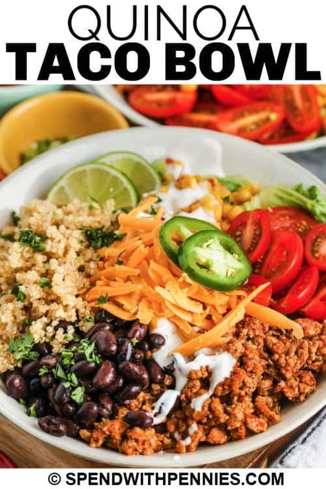 Chicken or turkey and veggies plus loads of fresh vegetables make this quinoa bowl a healthy lunch. Easy to make and customizable it's perfect for one or for a crowd. #spendwithpennies #tacoquinoabowl #quinoabowlrecipe #recipe #entree #lunch #chicken #turkey #mexican #corn #easy #best Lunch With Chicken, Bowls Recipe Healthy, Taco Quinoa, Quinoa Tacos, Galveston Diet, Power Bowl Recipe, Chicken Beans, Protein Bowl, Lunch Chicken