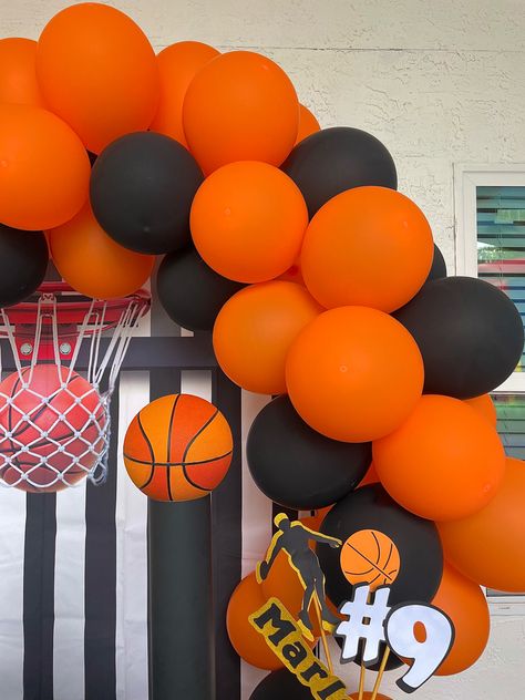 Backdrop : Amazon Balloons: Amazon I also DIYed the basketball stand —> Black heavy construction paper : Hobby lobby Basketball: Walmart Basketball Theme Background, Basketball Party Backdrop, Basketball Theme Birthday Party Backdrop, Basketball Birthday Backdrop, Basketball Theme Party Amazon.com, Basketball Theme Party, Basketball Theme, Basketball Party, Construction Paper