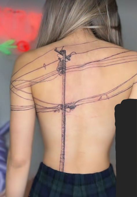 Power Lines Tattoo Back, Power Line Tattoo Back, Power Line Back Tattoo, Powerline Back Tattoo, Power Lines Tattoo, Power Line Tattoo, Powerline Tattoo, Engineering Tattoo, Fine Line Back Tattoo