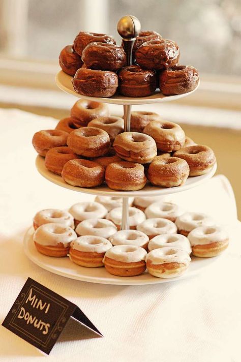 Mimosa Bar Brunch Shower | CatchMyParty.com Bridal Shower Brunch Dessert Ideas, Donut Plate Display, Donut Tier Display, Tiered Donut Display, Mini Donut Wedding Display, Mini Donuts Display, Mini Donut Display, Donuts Display, Doughnut Display