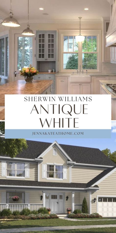 Sherwin Williams Antique White is a warm, creamy paint color that's perfect for a more traditional home. Is it the right paint color for you? Read this paint color review to find out! Antique White Paint Sherwin Williams, Sherwin Williams Warm White, Sherwin Williams Antique White, Antique White Sherwin Williams, Antique White Paint, Sherwin Williams Creamy, Antique White Cabinets, Traditional Color Palette, Antique White Kitchen