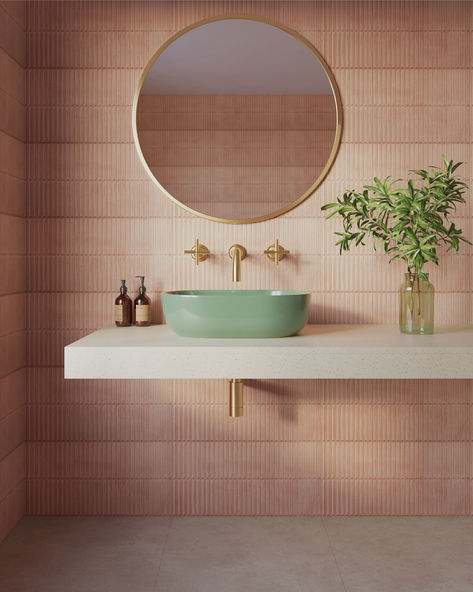 dusty pink 3d fluted/ribbed wall tile | pink and brass bathroom Dusty Pink Bathroom Ideas, Ribbed Tile Bathroom, Fluted Tile Bathroom, Dusty Pink Bathroom, Fluted Tile, Ribbed Tile, Pink Powder Room, Ribbed Wall, Pink 3d