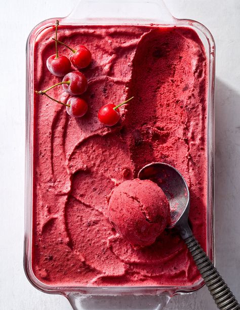 Sour Cherry Sorbet by Kate Ramos from @holajalapeno in the July issue of Better Homes and Gardens. If you’ve got 10 minutes, you’ve got time to whip up our two-step puckery-tart sorbet. Blend frozen cherries and simple syrup in a food processor then slide the mix into your freezer. No ice cream maker required. Scoop into cones or make a fizzy float with cola or sparkling rosé. #cherryrecipes #sourcherries #sorbet #cherrysorbet Cherry Sorbet, Ice Pop Recipes, Healthy Summer Desserts, Frozen Dessert Recipe, Sorbet Recipes, Frozen Cherries, Healthy Ice Cream, Cherry Recipes, Summer Dessert Recipes