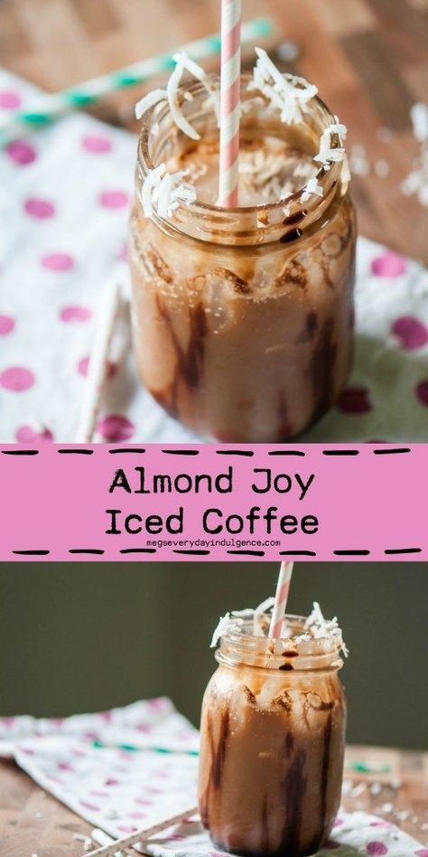 Almond Joy Iced Coffee Almond Joy Iced Coffee, Flavored Coffee Recipes, Almond Joys, Homemade Coffee Syrup, Coconut Milk Coffee, Chicory Recipe, Salted Caramel Mocha, Iced Coffee Drinks, Coffee Treats