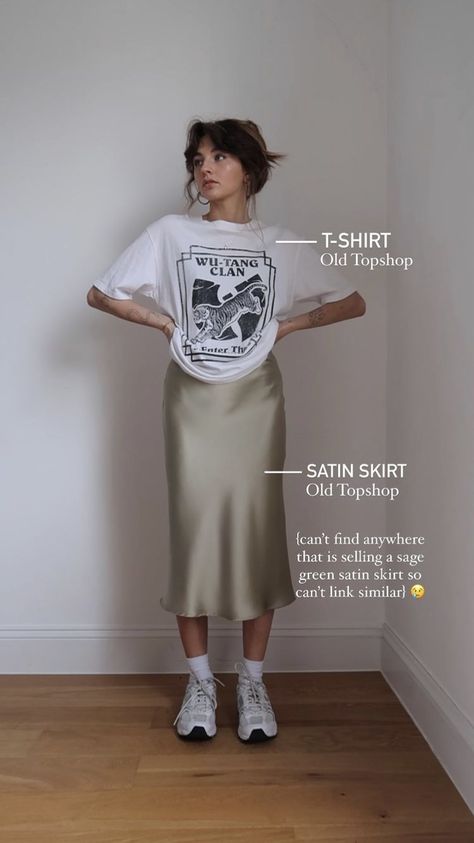 Silk Dress Sneakers Outfit, Silk Skirt And Graphic Tee, T Shirt Silk Skirt, Button Up Over Dress Outfit, Skirts Sneakers Outfit, Silk Skirts Street Style, Midi Skirt Trainers Outfit, Band Tee Street Style, Summer 2023 Outfit Trends