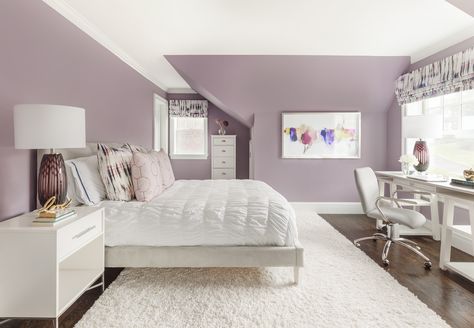 Hazy Lilac painted walls make this teen's room truly dreamy. Check out this Clean Design bedroom in the Houzz featured article, "Room of the Day: Color Palette Gives Teen's Room Staying Power". Room Aesthetic Purple, Aesthetic Purple Room, Purple Room Ideas, Room Ideas Purple, Purple Room Design, Purple And Gray Bedroom Ideas, Purple And Gray Bedroom, Mauve Bedroom, Purple Room Aesthetic