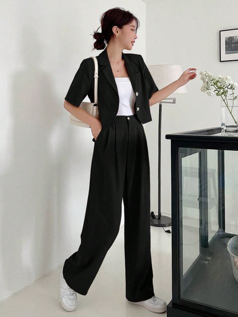 Ladies Solid Color Single Breasted Short Sleeve Blazer And Pocketed Long Pants Suit Black Casual    Plain  Slight Stretch  Women Clothing, size features are:Bust: ,Length: ,Sleeve Length: Korean Business Casual, Drop Shoulder Shirt, Black White Blazer, Black Slacks, Suit Black, Womens Business Casual, Pants Suit, Blazer And Shorts, Suit Pants