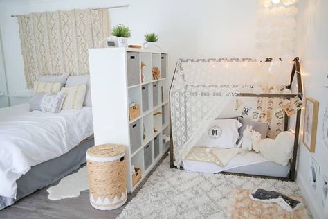 Baby Makes Three: A Shared Master Bedroom & Nursery with Global Style | Apartment Therapy Camera Montessori, Toddler Bedroom Design, Apartment Wishlist, Parents Room, Shared Bedroom, Apartment Bedroom, Shared Room, Floor Bed, Shared Bedrooms