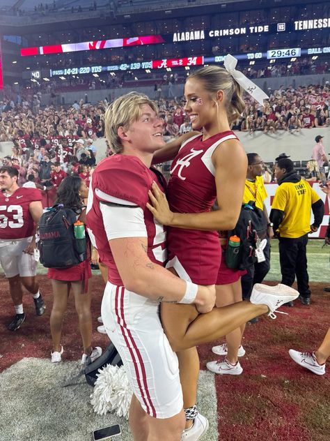 Cheerleading Couples, Tennessee Cheerleaders, Bama Cheer, College Couple Aesthetic, Alabama Cheerleaders, Cheerleader Couple, Football Cheerleader Couple, Alabama Cheer, Cheer Couples