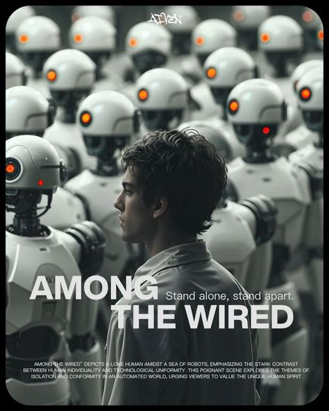 🤖👤 Surrounded but not subdued. "Among the Wired" captures the stark contrast between a lone human spirit and a sea of conformity. What makes us human in an age of automation? Let’s cherish our uniqueness. #design #aidesign #posterdesign #graphicdesign What Makes Us Human, Human Spirit, A Sea, Poster Design, Graphic Design, Human, Let It Be, Design