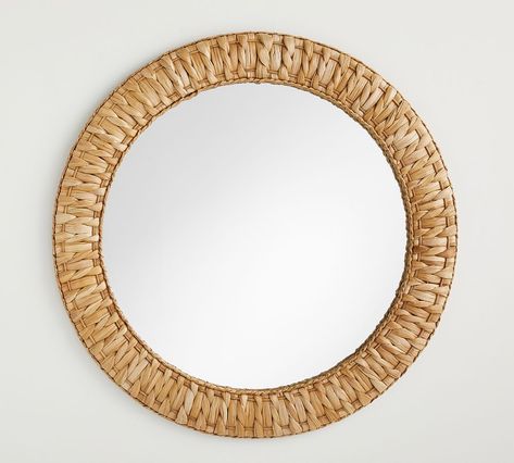 OPEN BOX: Mallorca Handwoven Seagrass 40" Round Wall Mirror | Pottery Barn Family Room Mirror, Neutral Mirrors, Woven Mirror, Antique Floor Mirror, Raffia Mirror, Room Mirror Ideas, Wasaga Beach, Rope Mirror, Boho Mirror