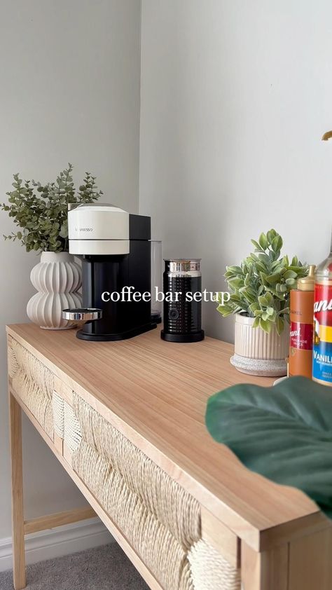 Nespresso Setup Coffee Stations, Bar Setup Home, Nespresso Coffee Bar Ideas, Nespresso Coffee Bar, Living Room Bar Ideas, Coffee Station At Home, Coffee Bar Setup, At Home Coffee Bar, Coffee Bar Inspiration