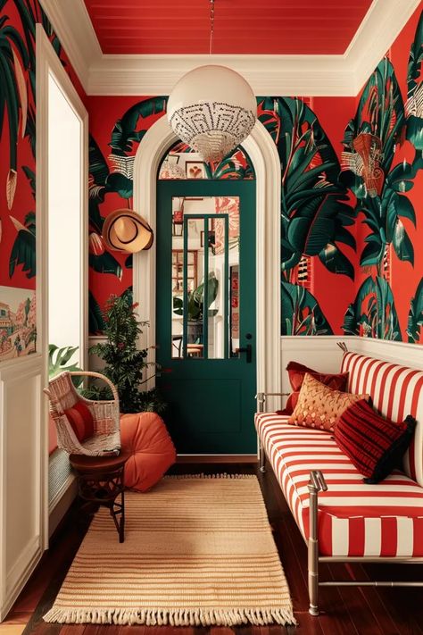 Midjourney AI Image: A modern style entryway that looks like something out of The Block Australia. Wallpaper inspired by ... → more in ai-img-gen.com Tropical Leaf Wallpaper, The Block Australia, Terracotta Walls, Striped Couch, Wallpapered Entryway, Rug With Tassels, Style Entryway, Australia Wallpaper, Red Throw Pillow