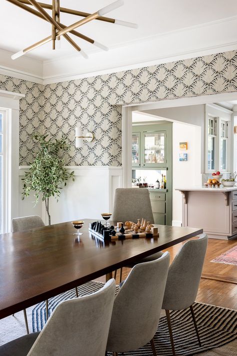 Dining Rooms With Round Tables Ideas, Traditional Dining Room Wainscoting, Simple Wallpaper Dining Room, Craftsman Dining Room Wallpaper, Stenciled Dining Room, Dining Room Framed Art, Small Dining Room Wainscoting Ideas, Wallpaper Dinning Room Wall, Wainscoting With Wallpaper Dining Room