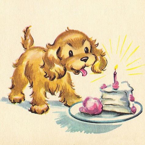 Puppy with cake 1950s Dog Illustration, Vintage Aesthetic Illustration, Vintage Puppy Illustrations, Vintage Birthday Illustration, Vintage Dog Drawing, Dog Vintage Illustration, Birthday Art Ideas, Birthday Art Drawings, Cocker Spaniel Aesthetic