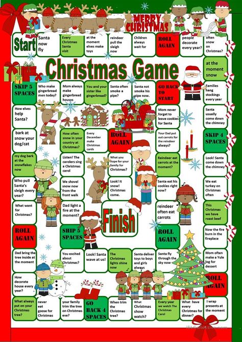 This Christmas board game is the perfect game to play in your ESL classroom to practice the present simple and present continuous tense. Christmas Board Games, English Christmas, Printable Christmas Games, Christmas Games For Kids, Christmas Worksheets, Christmas Game, English Games, Holiday Games, Christmas Classroom