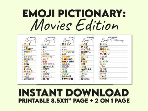 Movies Pub Quiz Trivia Emoji Pictionary Games for Group of Adults Family Game Night Movie Trivia Games, Emoji Quiz, Emoji Pictionary, Romantic Comedies, Emoji Games, Movie Categories, Family Party Games, Most Popular Movies, Movie Facts