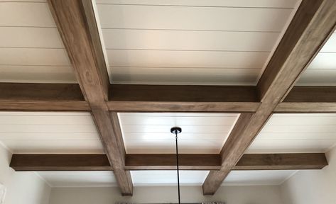 Coffered Wood Beam Ceiling, Timber Coffered Ceiling, Stained Wood Coffered Ceiling Ideas, Coffered Ceiling Wood Beams, Coffered Ceiling Shiplap, Coffered Beam Ceiling, Coffered Ceiling With Beams, Stained Coffered Ceiling, Coffered Ceiling With Shiplap