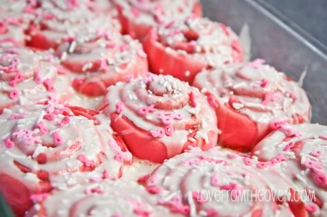 Pink Ribbon Cinnamon Rolls by Love From The Oven-9 Pink Velvet Cinnamon Rolls, Cake Mix Cinnamon Rolls, Pink Velvet Cupcakes, 9 Cake, Love From The Oven, Valentines Breakfast, Cupcake In A Jar, Valentines Baking, Heart Sprinkles