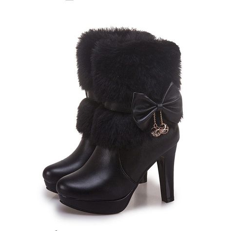 Women's Boots Bowknot Fur Collar Platform High Heel Zipper Ankle Boots – MissFoxFashion Heeled Combat Boots, Short Winter Boots, Rider Boots, High Heel Stiefel, Rough Heels, Winter Shorts, Black High Heel Boots, Elegant Heels, Womens Combat Boots