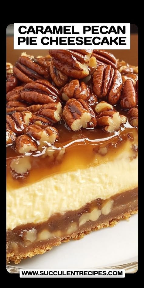 Discover the rich flavors of this Caramel Pecan Pie Cheesecake! This delightful twist on the classic pecan pie will have your guests raving at your next gathering. Carmel Pecan Cheesecake, Caramel Pecan Cheesecake Pie, Caramel Pecan Cheesecake Recipes, Carmel Pie, Carmel Cheesecake, Big Family Gathering, Pecan Pie Cheesecake Recipe, Caramel Pecan Pie, Perfect Roast Turkey